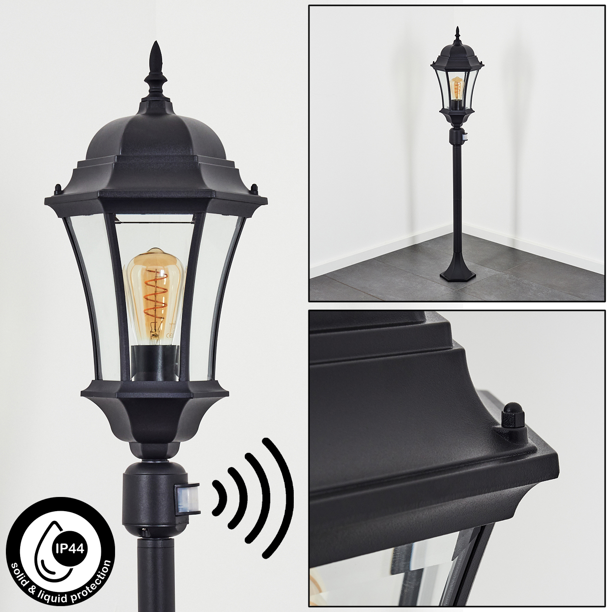 Schwarze Außenlampe mit Wendelbirne, Bewegungssensor und IP44-Schutz für festen und flüssigen Schutz.