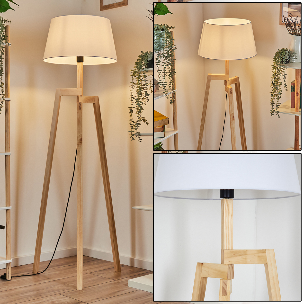 Stehlampe aus Holz mit weißem Lampenschirm. Die Lampe hat ein hölzernes Stativ. Pflanzen und Regale sind im Hintergrund zu sehen.