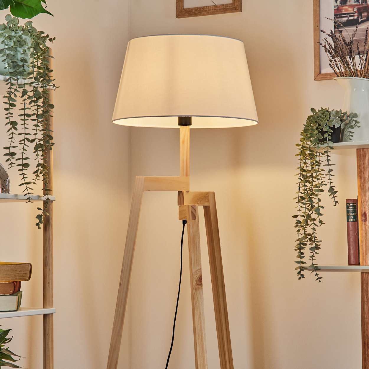 Eine hölzerne Stativ-Stehlampe mit cremefarbenem Lampenschirm steht in einer Ecke. Auf beiden Seiten sind Regale mit Pflanzen.