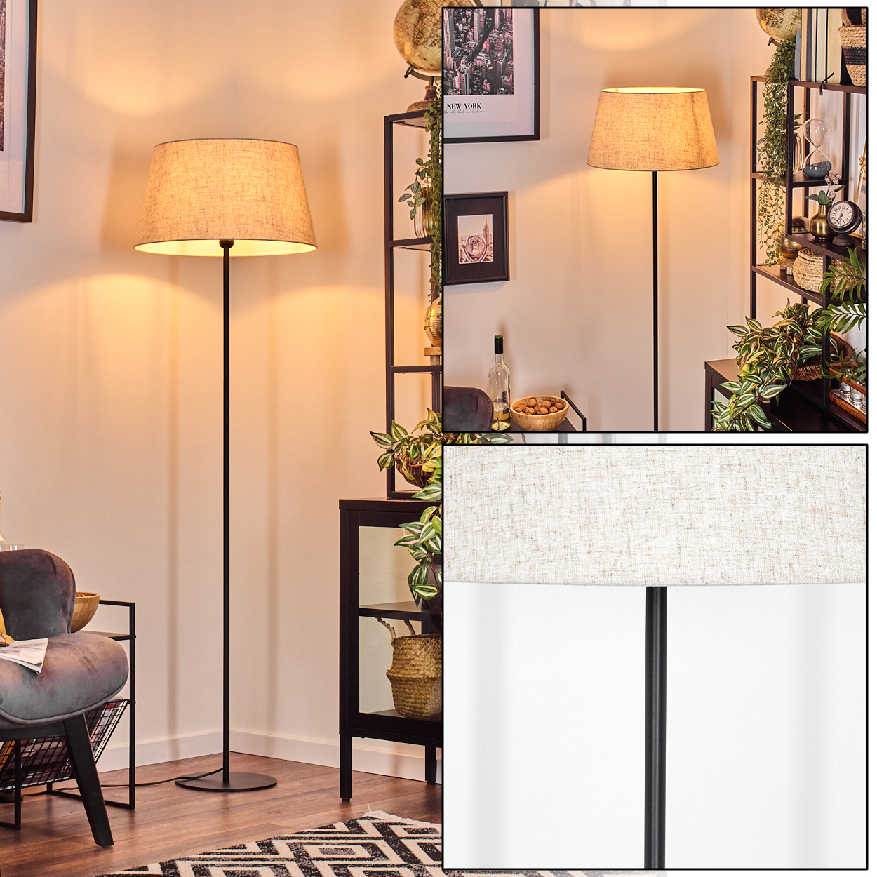 Eine Stehlampe mit beigem Schirm steht in einem Raum. Regale mit Pflanzen, Dekoration und ein Stuhl sind im Hintergrund.