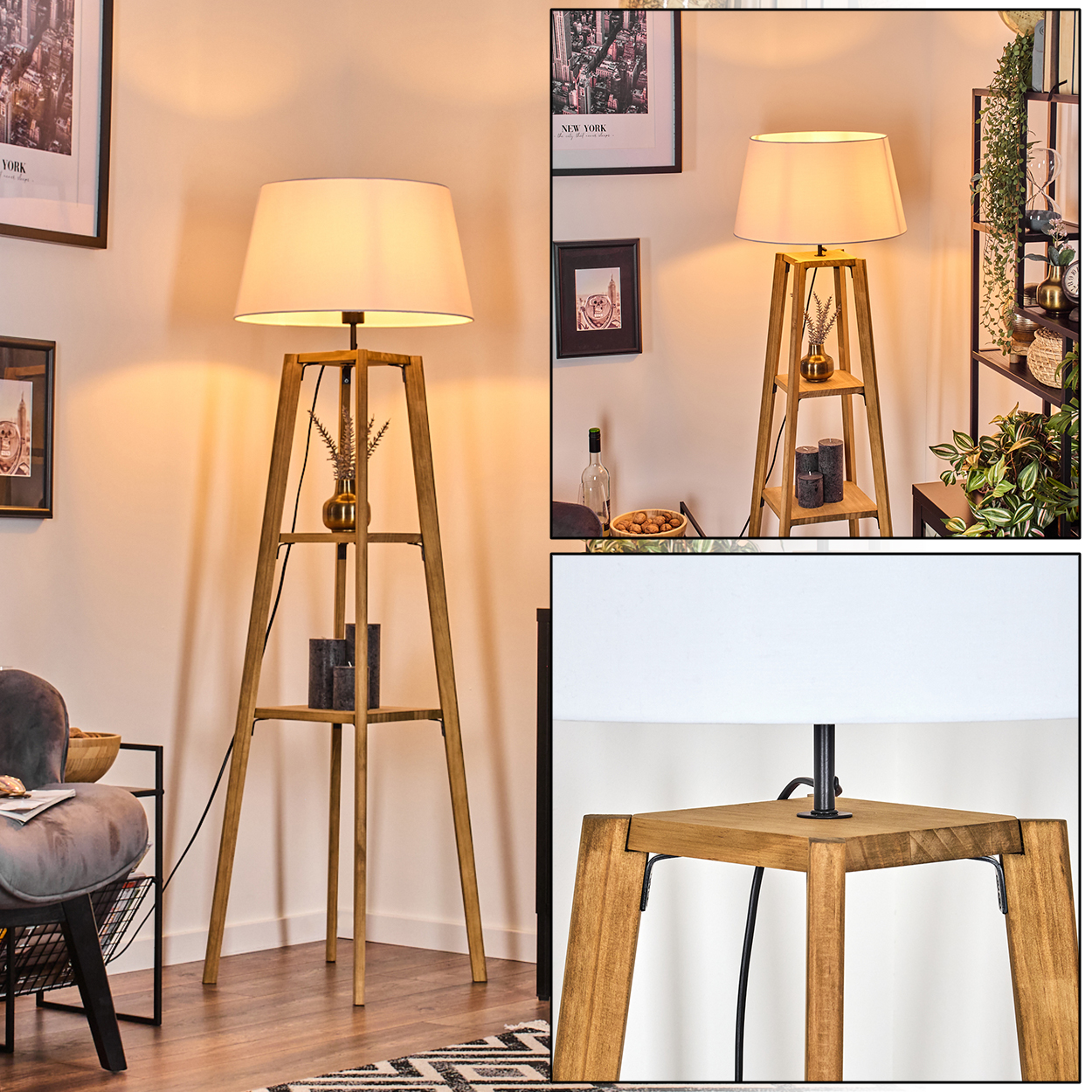 Eine Stehlampe aus Holz mit weißem Lampenschirm. Sie hat Regale mit einer Vase und Kerzen. Kunstwerke hängen an der Wand.