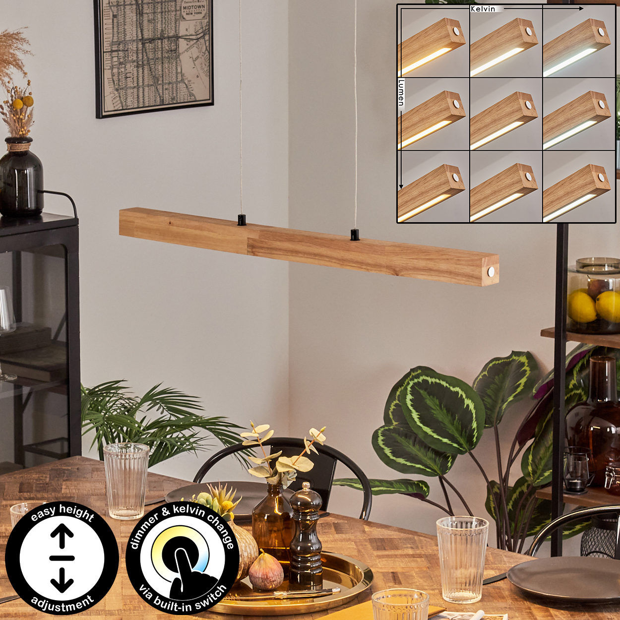 Eine rechteckige Holzlampen hängt über einem Tisch. Sie hat eine einstellbare Höhe und Dimmer/Kelvin-Änderung.