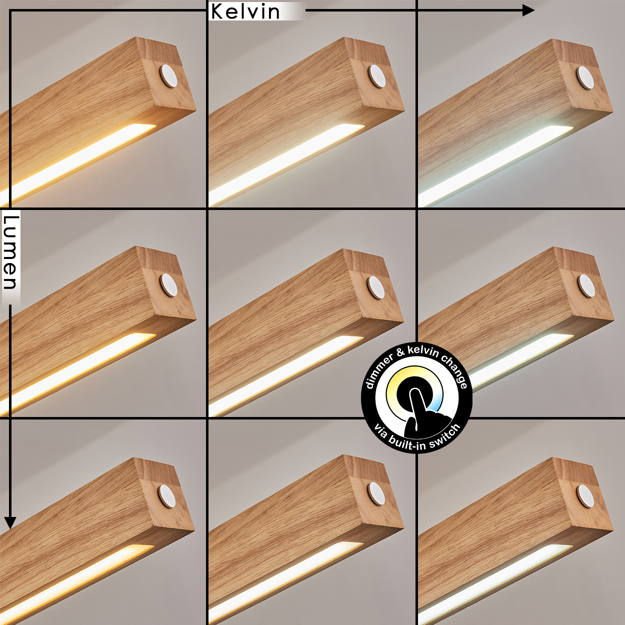 Das Bild zeigt hölzerne LED-Leuchten mit einstellbaren Kelvin- und Dimmereinstellungen über einen integrierten Schalter.
