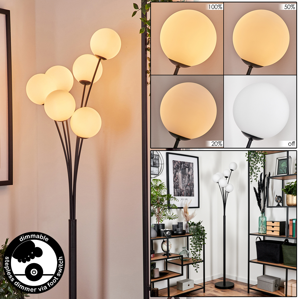 Eine schwarze Stehlampe mit sechs Kugelleuchten. Dimmschalter sichtbar. Zusätzliche Bilder zeigen Helligkeitsvariationen.