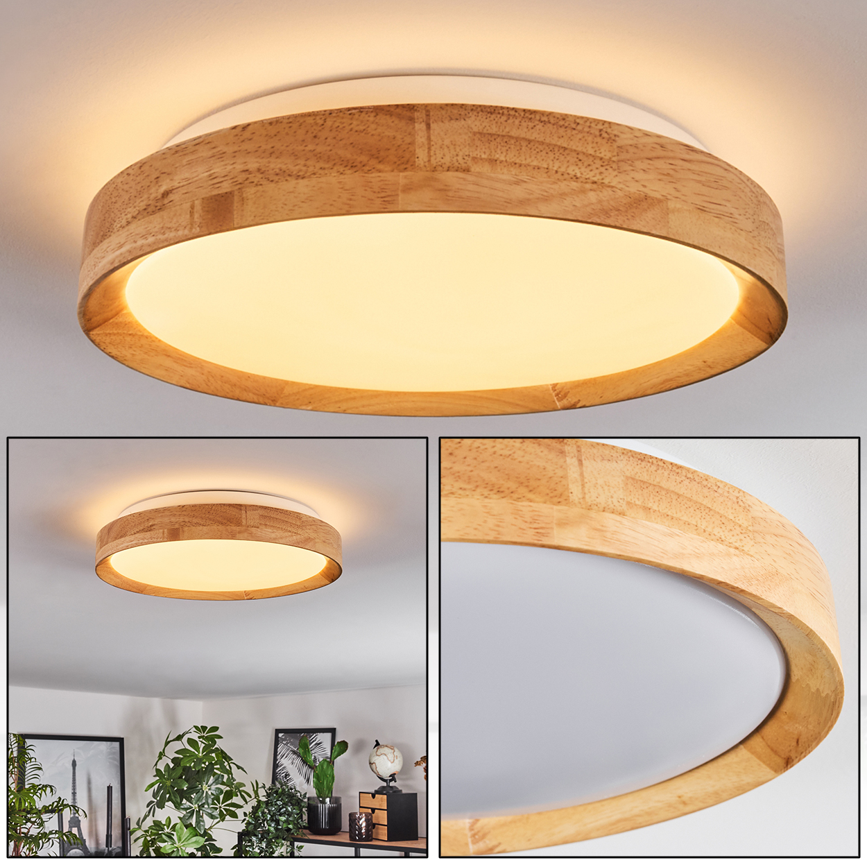 Eine runde Deckenleuchte aus Holz. Sie hat eine weiße innere Scheibe und einen Holzring darum. Das Licht ist an.