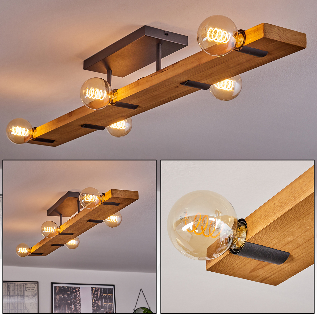 Deckenleuchte aus Holzbalken mit sechs Edison-Glühbirnen. Das Licht ist an einem schwarzen Metallrahmen befestigt.