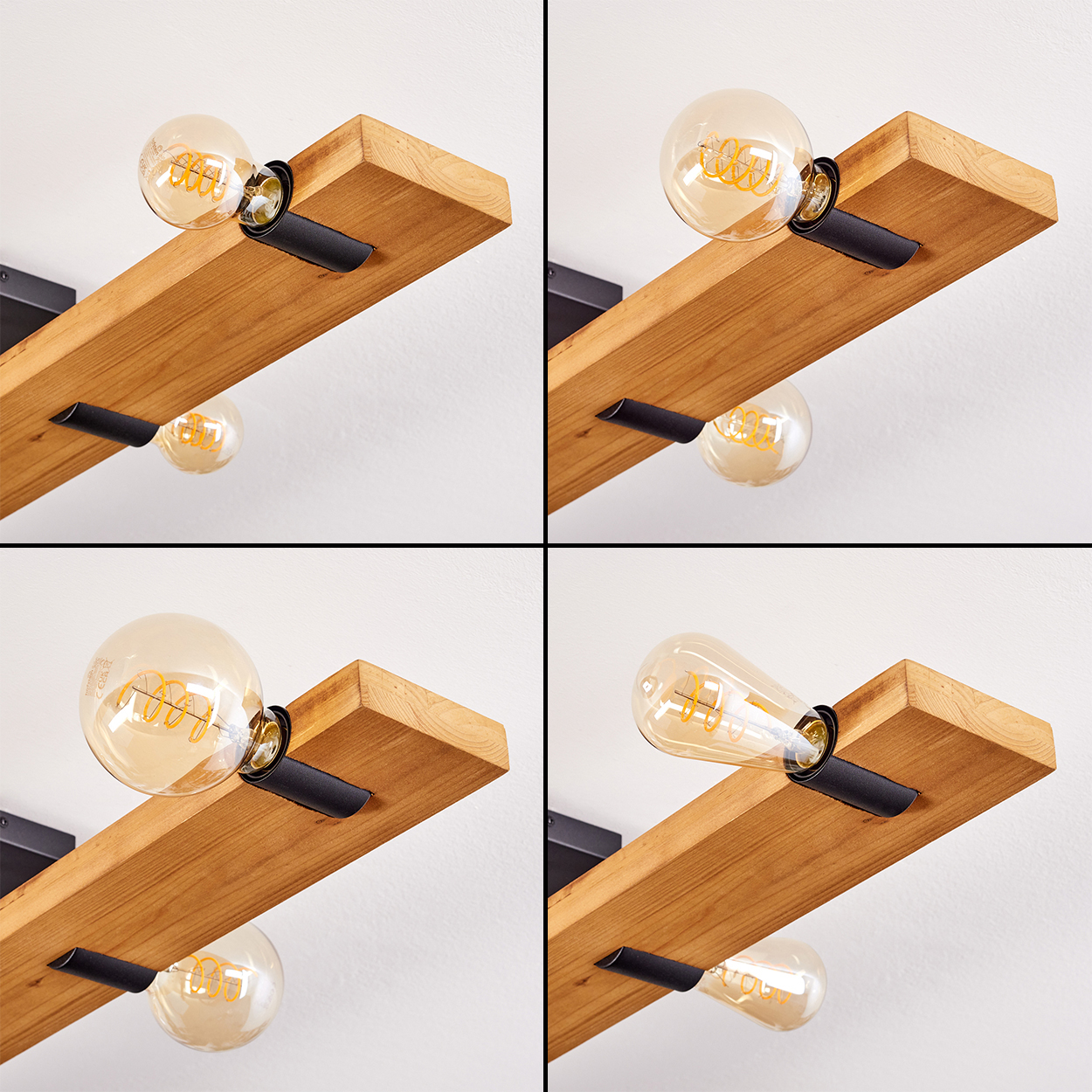 Vier Abschnitte zeigen einen Holzbalken mit zwei angebrachten Glühbirnen, vor einem weißen Hintergrund.