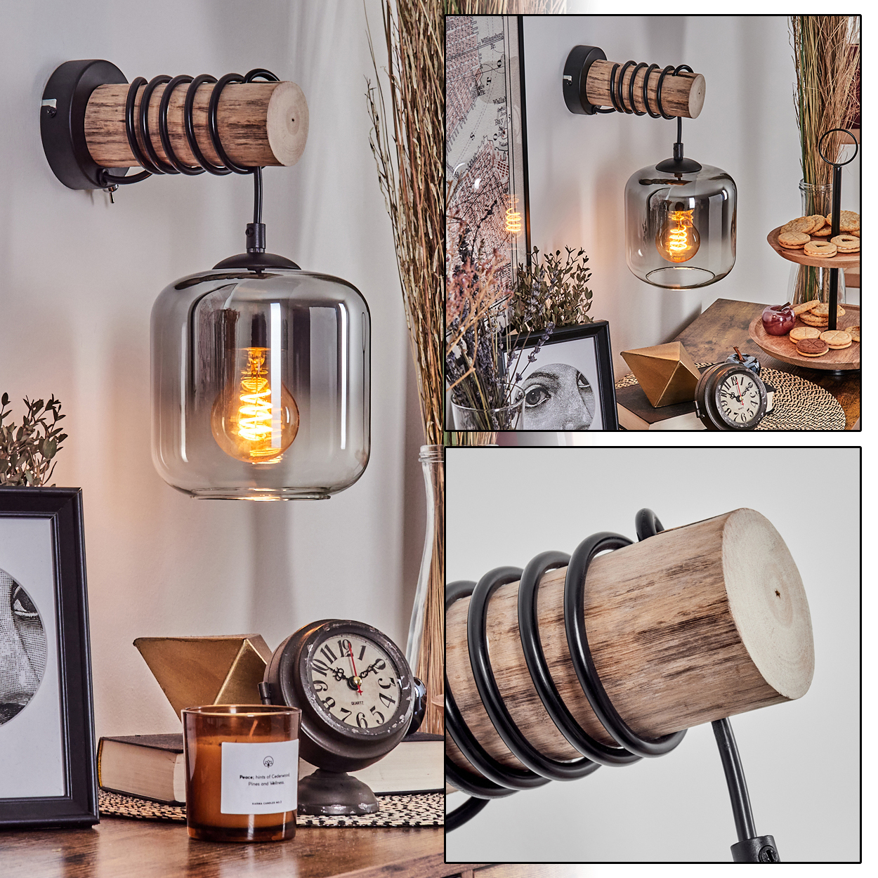 Eine Wandlampe mit Holz- und Metallstruktur, Glasschirm und sichtbarer Glühbirne. Es gibt weitere dekorative Gegenstände.