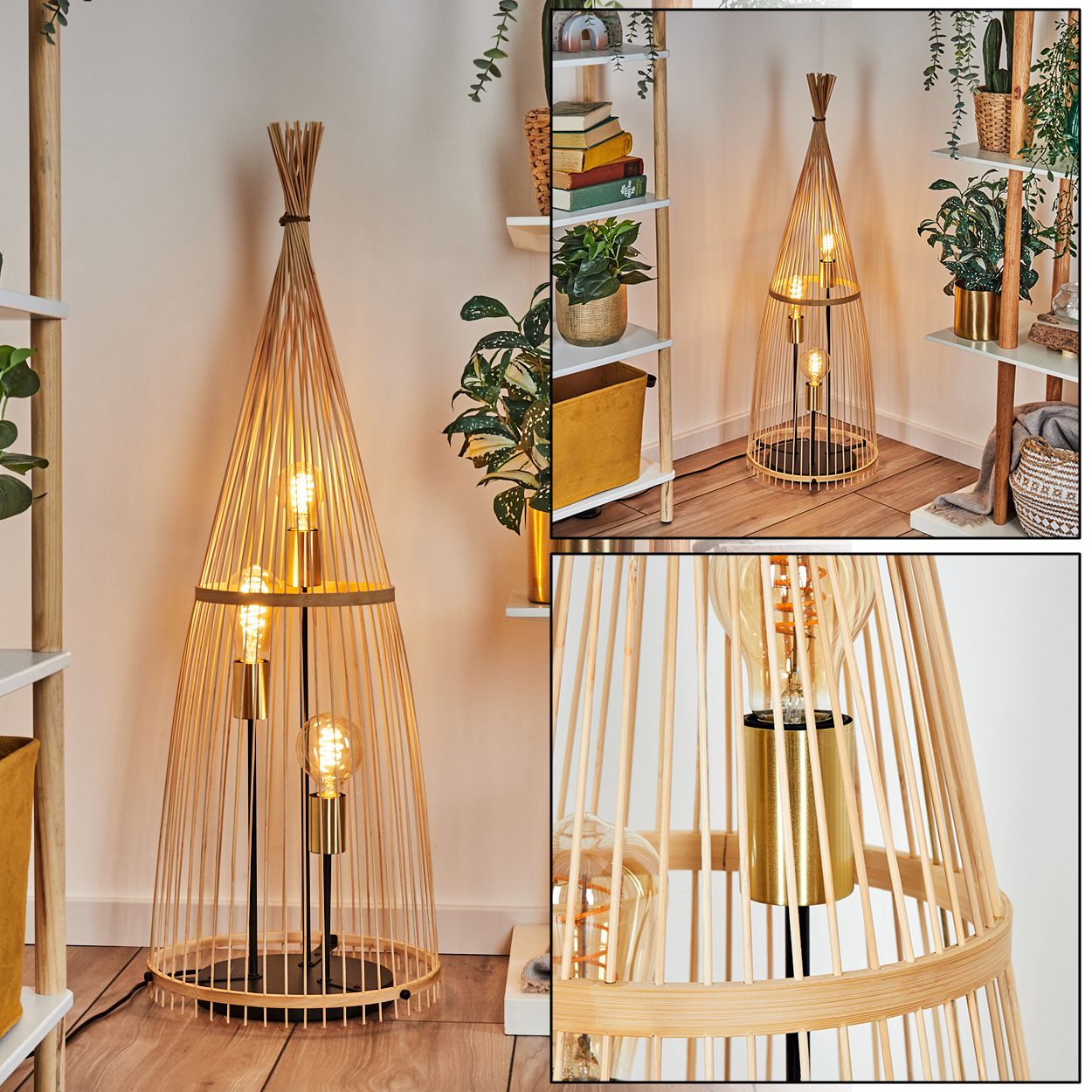 Ein Bambus-Lampenschirm mit drei Glühbirnen steht in einem Raum mit Pflanzen und Regalen. Der Lampenschirm hat eine konische Form.