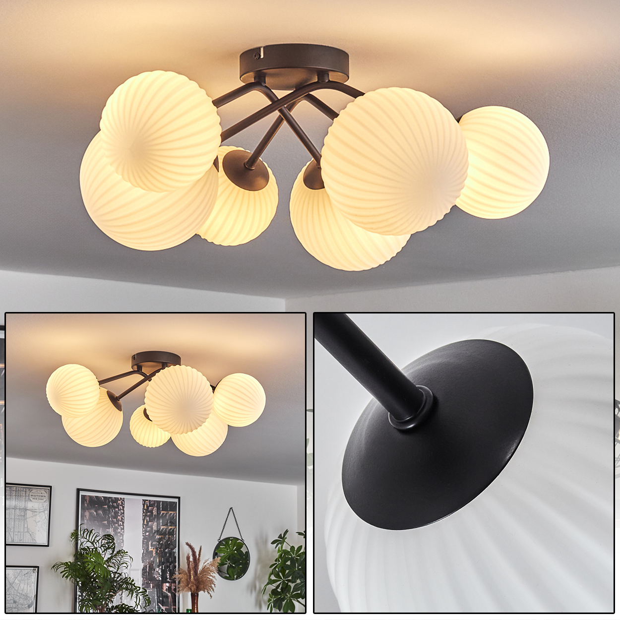 Deckenleuchte mit acht kugelförmigen, strukturierten Glasschirmen. Schwarze Metallarme und eine zentrale Halterung. Das Licht ist an und strahlt sanft.