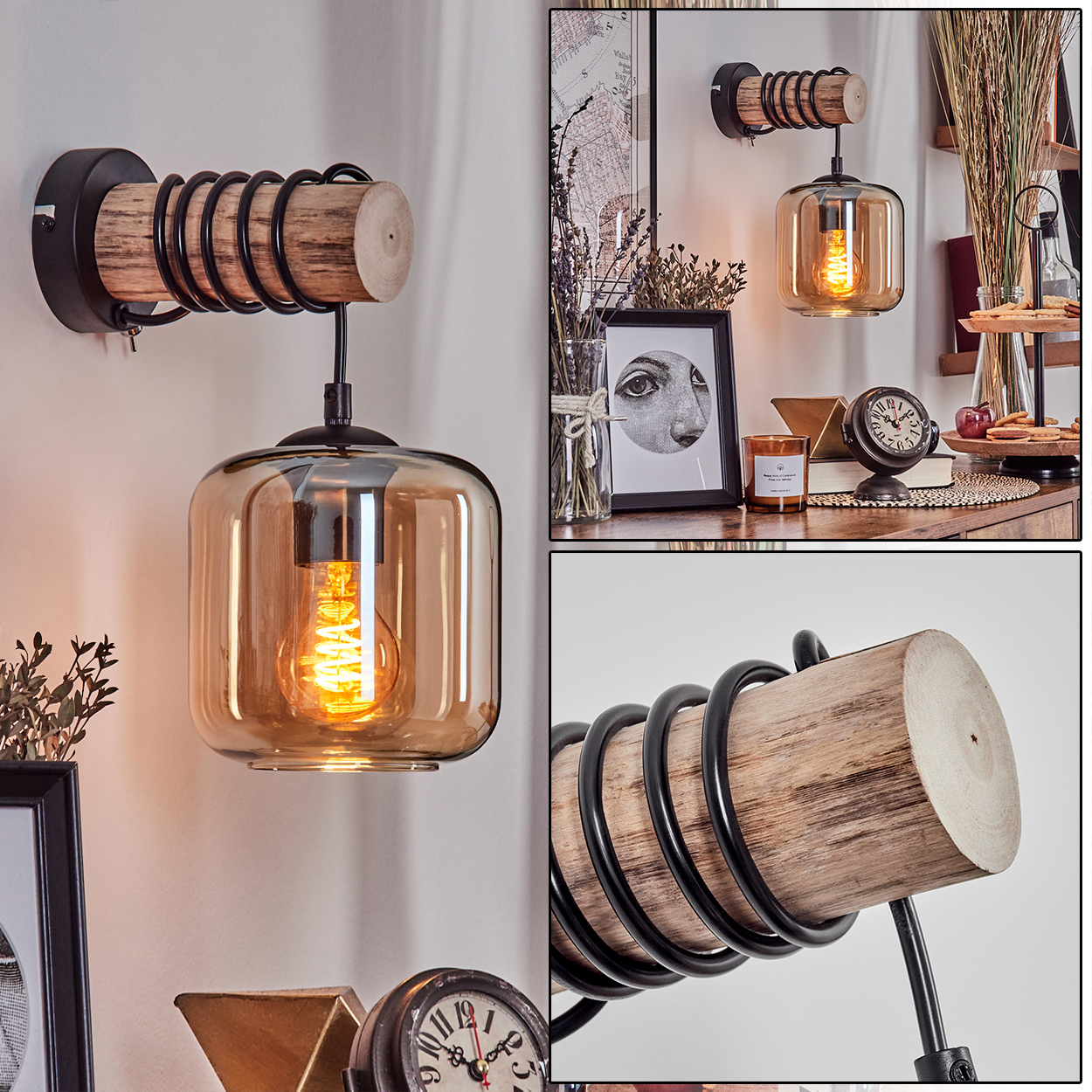 Eine Wandlampe mit Holzbalken, schwarzen Metalldetails und einem Glasschirm mit einer warmen Glühbirne. Andere Objekte im Hintergrund.
