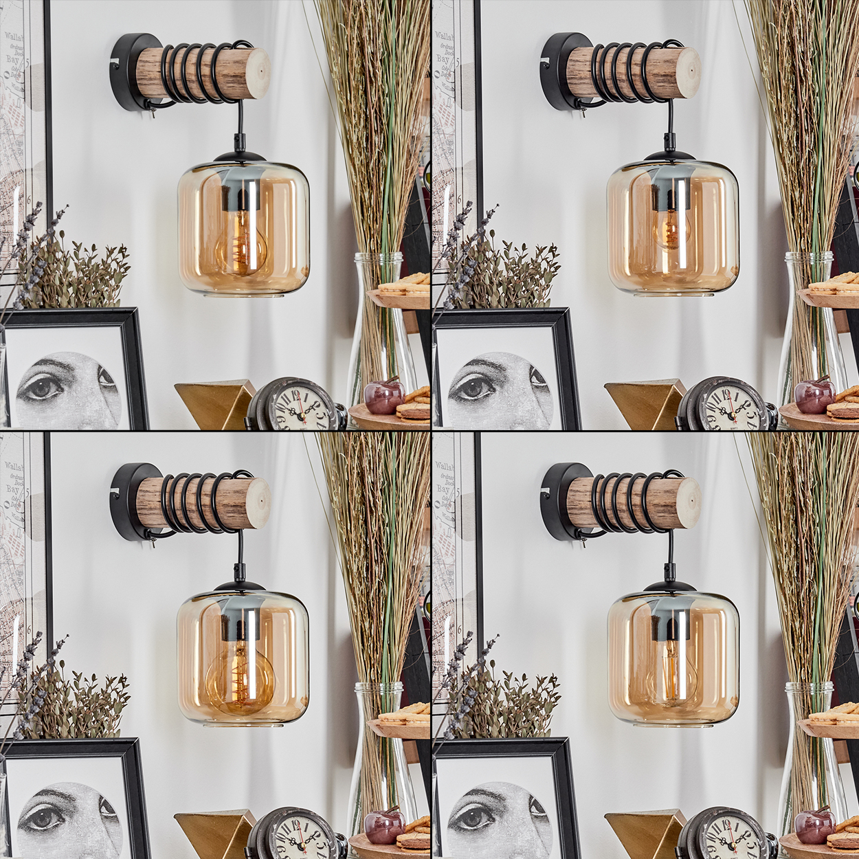 Eine Wandlampe mit Glasschirm hängt unter einer Holz- und Metallhalterung. Weitere Dekorationen sind ein Bild, eine Uhr und eine Vase.
