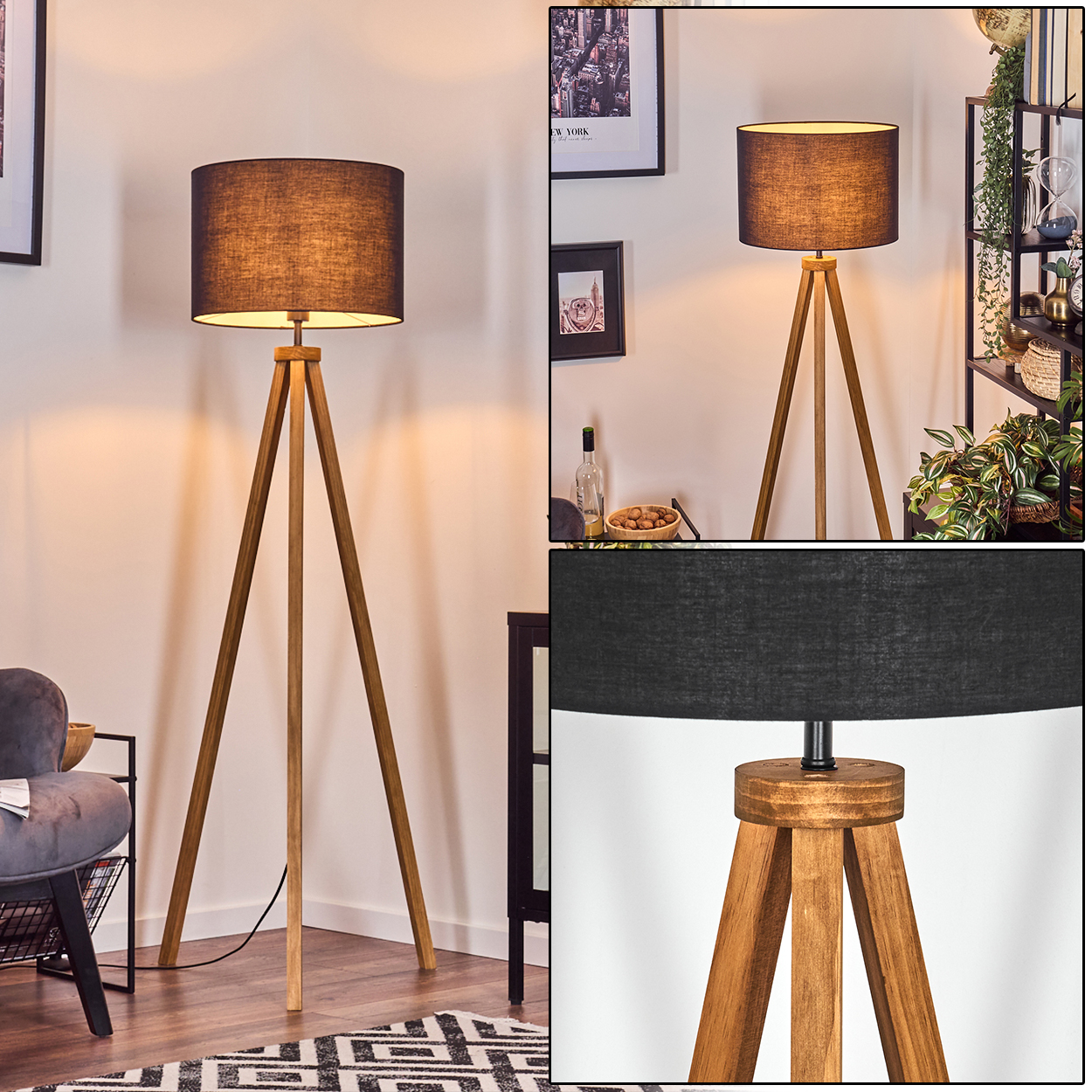 Eine hölzerne Stativ-Stehlampe mit schwarzem Lampenschirm. Im Hintergrund sind Wand, Kunst und ein Regal mit Pflanzen.