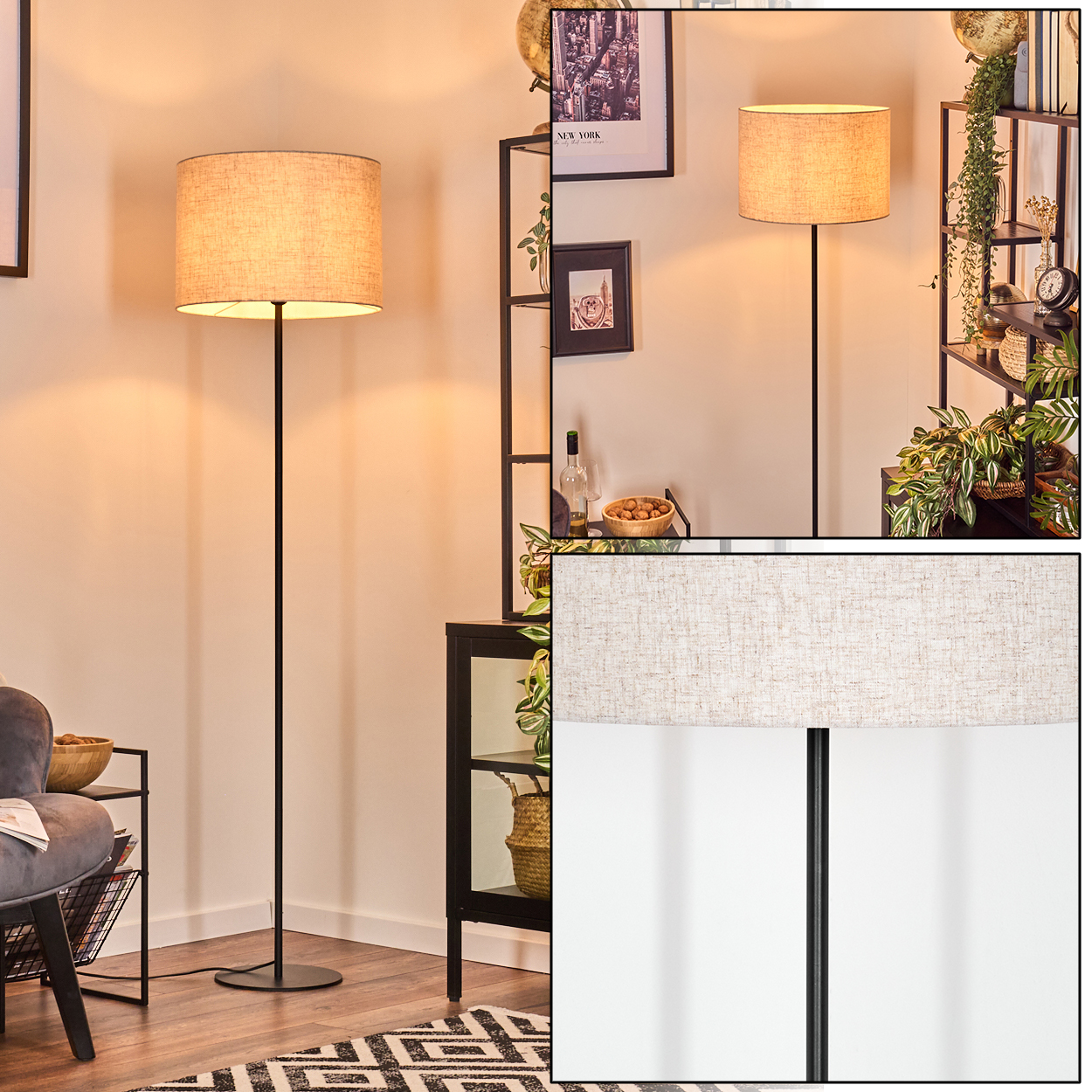 Eine Stehlampe mit beigem Lampenschirm steht in einem Raum. Ein schwarzes Metallregal, Pflanzen und ein gemusterter Teppich sind ebenfalls zu sehen.