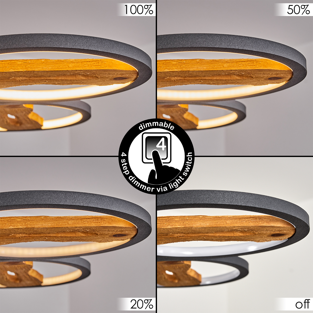 Eine dimmbare Deckenleuchte zeigt vier Helligkeitsstufen und Aus. Es ist eine ringförmige Lampe mit einem Holzakzent in der Mitte.