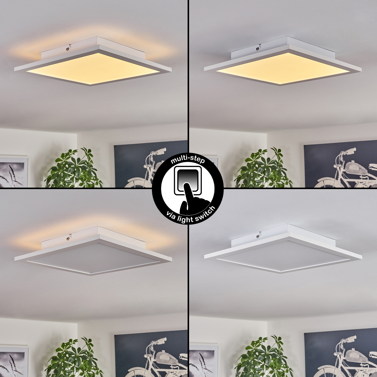 Eine mehrstufige Deckenleuchte wird in vier verschiedenen Lichteinstellungen gezeigt. Eine Hand berührt ein Lichtschaltersymbol.