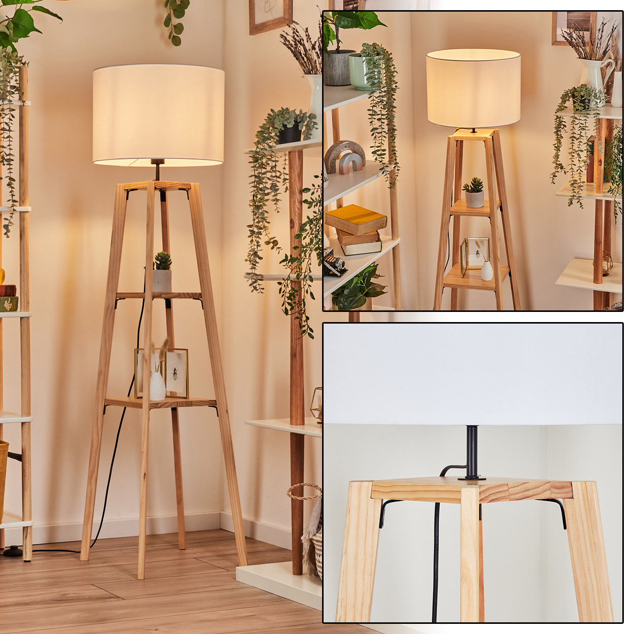 Eine Stehlampe aus Holz mit weißem Lampenschirm steht in einem Raum, umgeben von Pflanzen und Regalen.