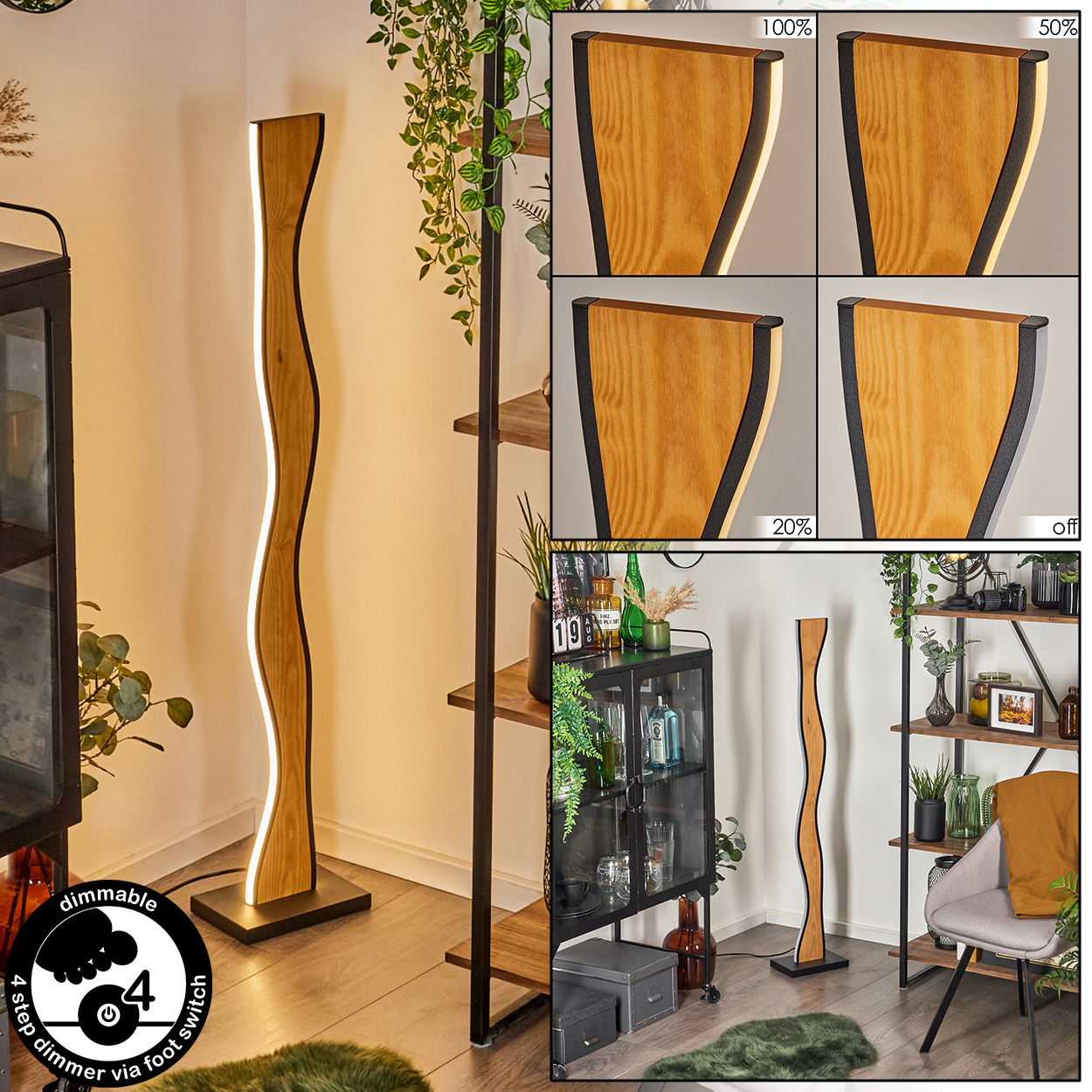 Eine wellenförmige Stehlampe aus Holz mit einstellbarer Helligkeit. Die Lampe befindet sich in einem Raum mit Regalen, Pflanzen und Möbeln.