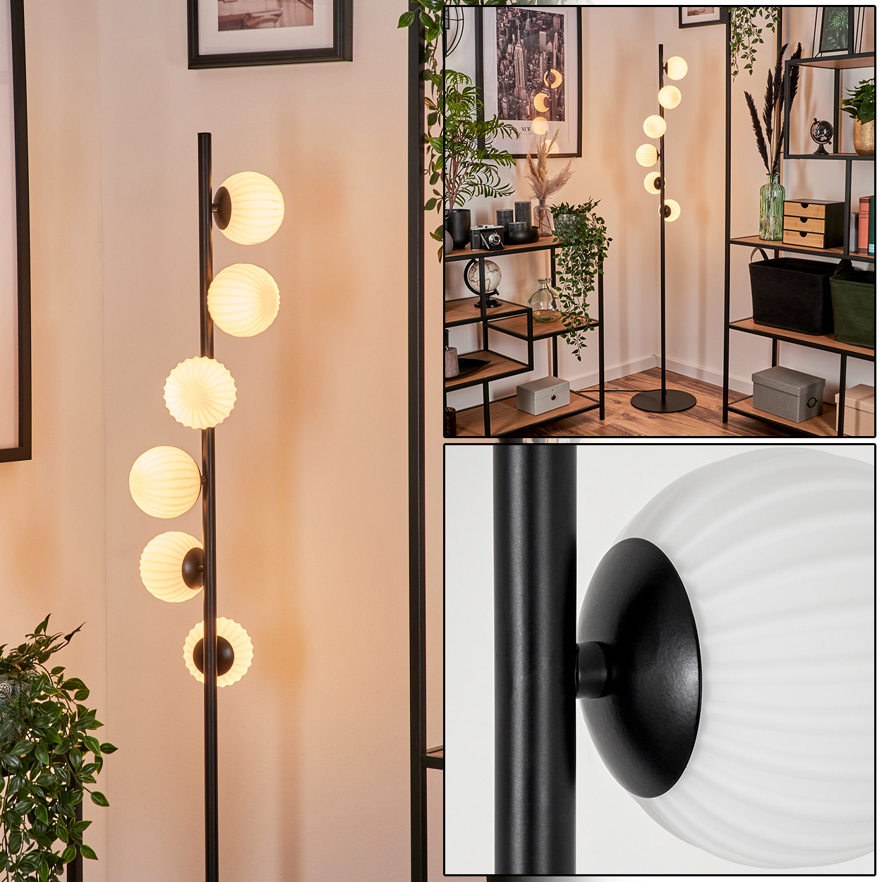Eine moderne Stehlampe mit kugelförmigen Lichtern steht in einem Raum. Im Hintergrund sind Regale mit Dekoration zu sehen. Die Lampe hat sechs Lichter.