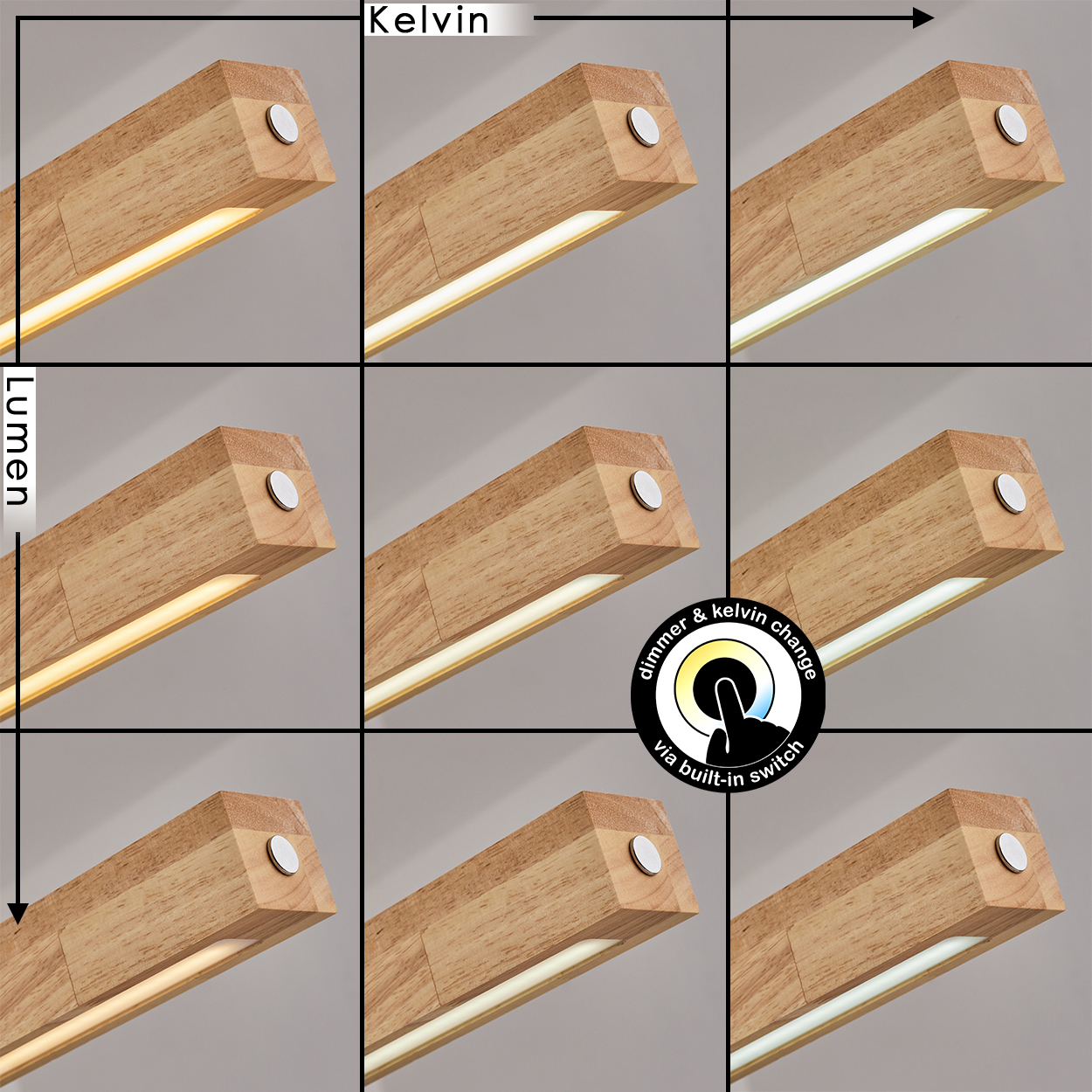 Neun Holzleuchten mit unterschiedlichen Lichtstärken und Farbtemperaturen. Ein Dimmschalter und Kelvin-Änderung sind abgebildet.