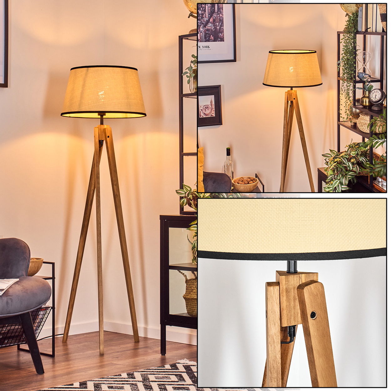 Eine hölzerne Stativ-Stehlampe mit beigem Lampenschirm und schwarzem Rand steht in einem Raum. Der Hintergrund umfasst Regale und Dekoration.