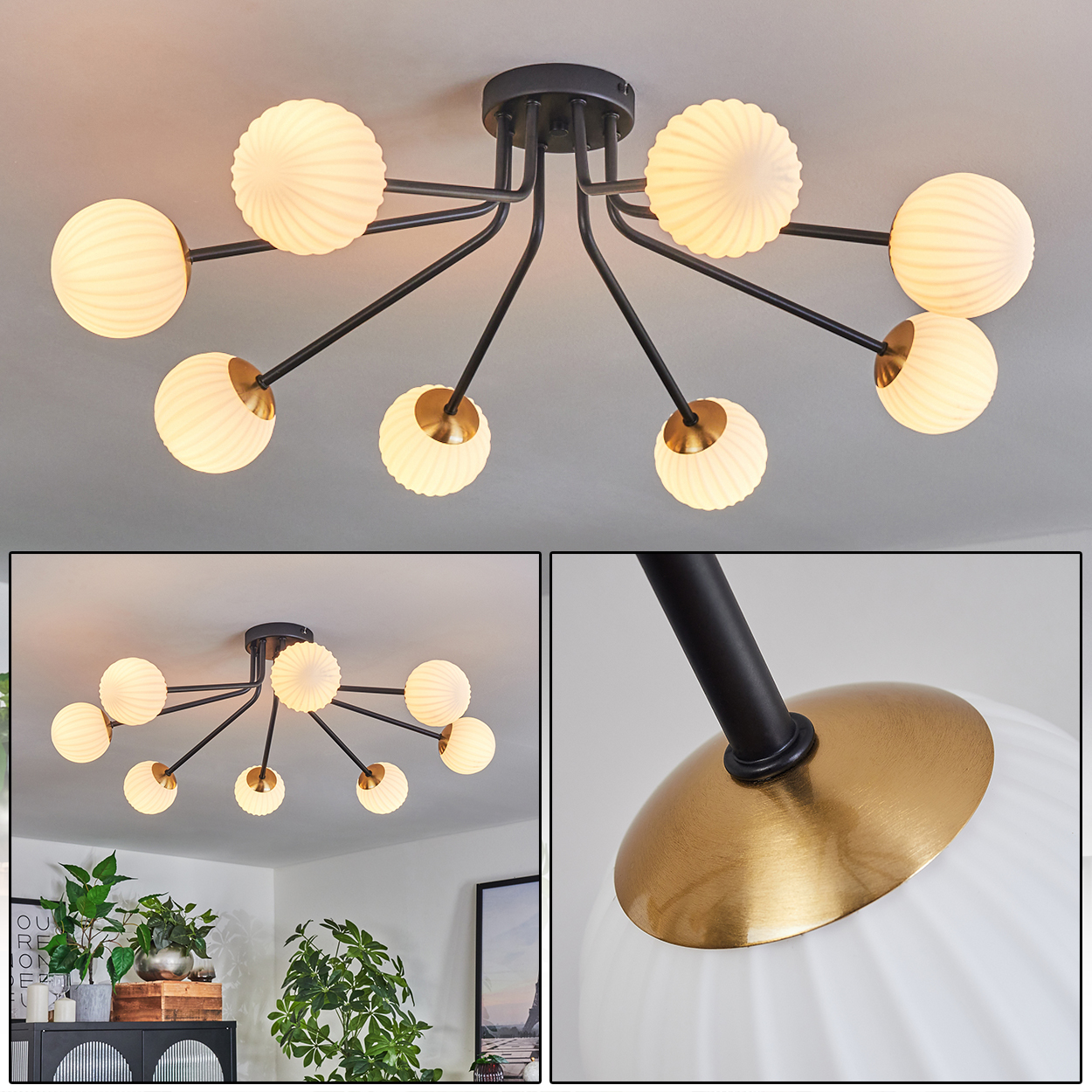 Eine moderne Deckenleuchte mit mehreren kugelförmigen Lampen. Die Lampen sind weiß mit geripptem Muster und schwarzen Armen.