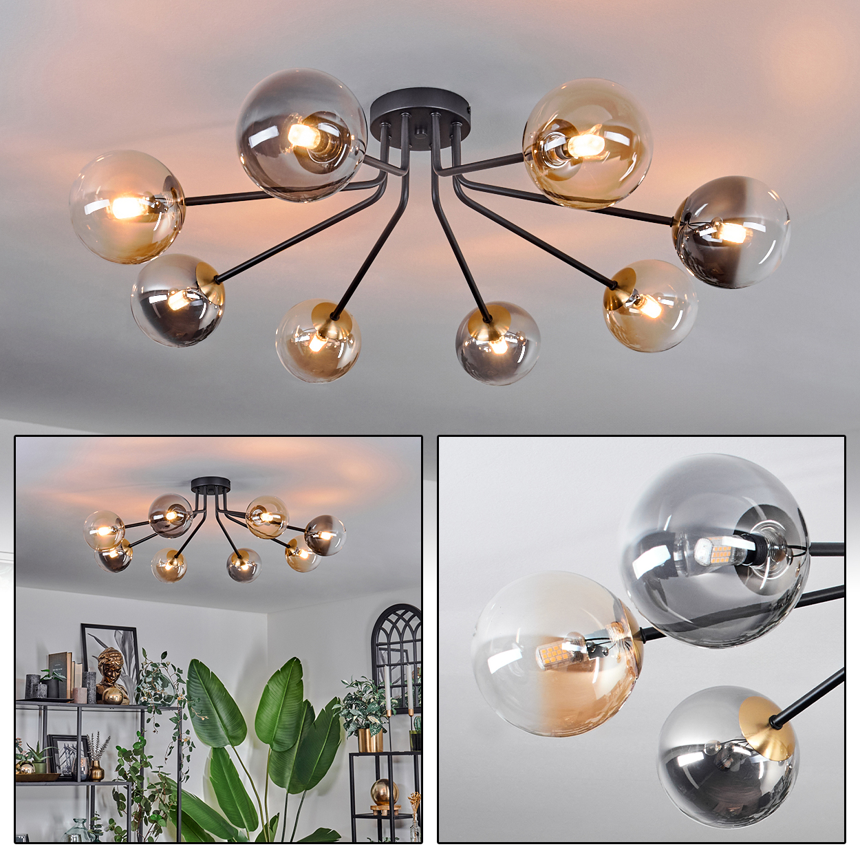 Eine moderne Deckenleuchte mit kugelförmigen Glasschirmen in Bernstein und Grau. Sie ist an einer weißen Decke montiert, mit einem schwarzen Metallrahmen.