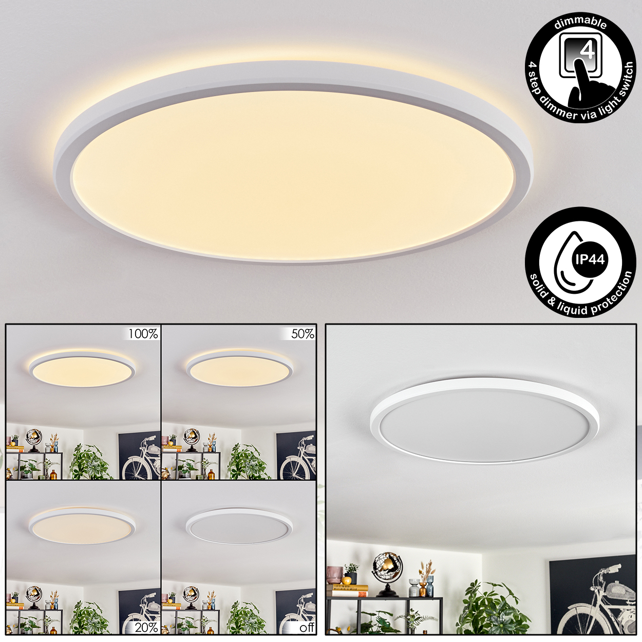 Eine weiße, runde Deckenleuchte mit einstellbarer Helligkeit. Zeigt verschiedene Lichtstärken und IP44-Schutz. Die Leuchte ist an der Decke montiert.