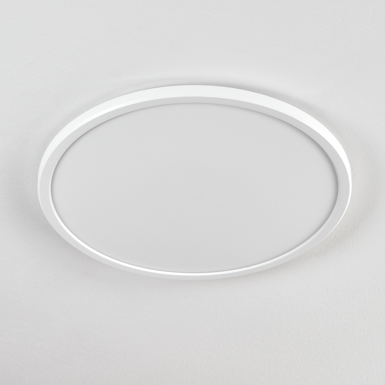 Eine weiße, ovale Deckenleuchte vor einer weißen, strukturierten Decke. Das Licht hat ein schlichtes, modernes Design.