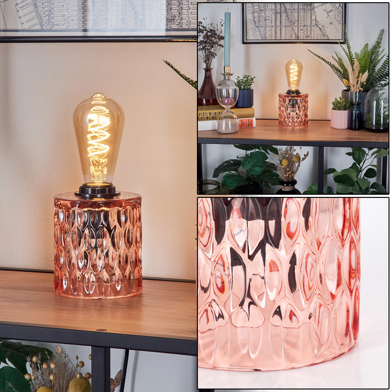 Eine dekorative Tischlampe mit kupferfarbenem Sockel und einer großen, hellen Glühbirne. Sie steht auf einem Holzregal, weitere Objekte sind sichtbar.