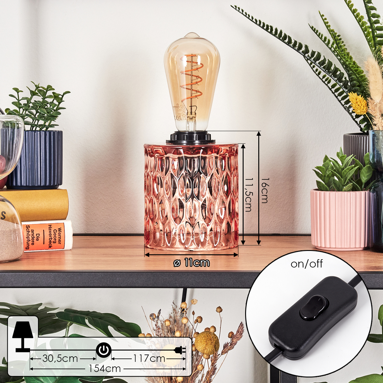 Eine dekorative Lampe mit kupferfarbenem Sockel und großer Glühbirne. Im Hintergrund sind verschiedene Pflanzen und andere Dekorationen zu sehen.