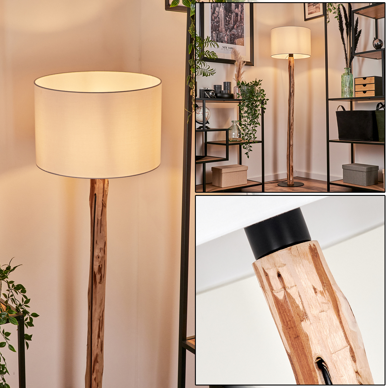 Eine Stehlampe mit Holzstamm und weißem Lampenschirm. Im Hintergrund Regale mit Dekorationen. Ein schwarzer Metallrahmen.