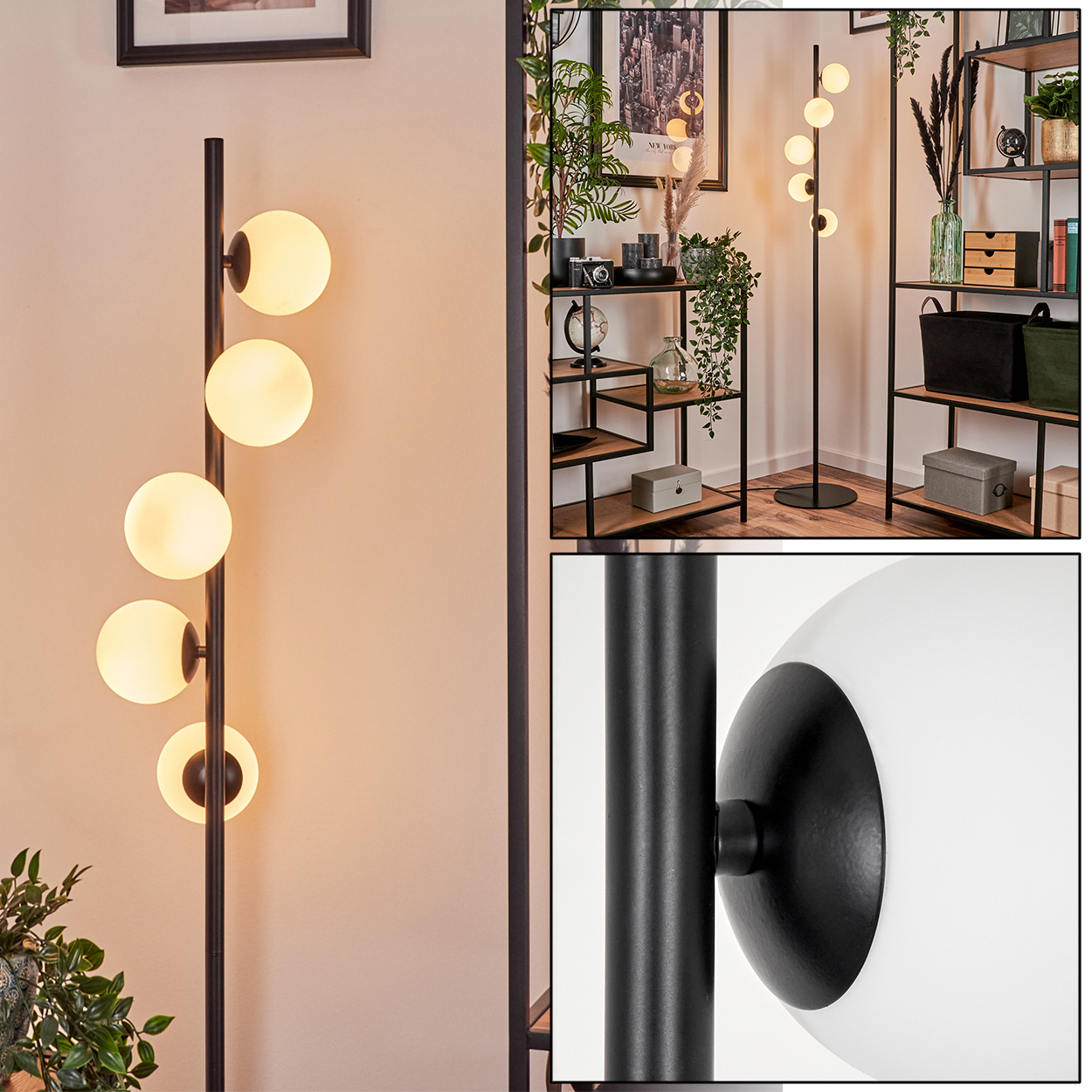 Eine schwarze Stehlampe mit fünf weißen Kugellampen. Sie steht in einem Raum mit Regalen, Pflanzen und einem Bilderrahmen.