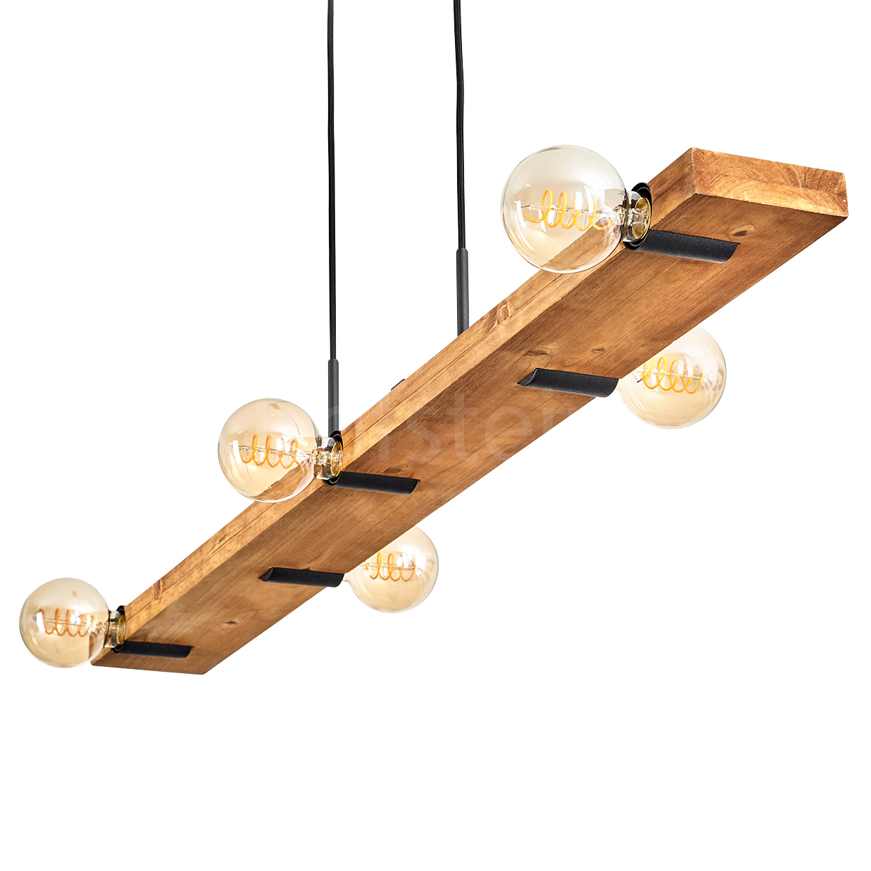 Ein Holzbalken mit fünf hängenden Glühbirnen. Die Birnen sind rund und der Balken wird von schwarzen Halterungen gehalten.