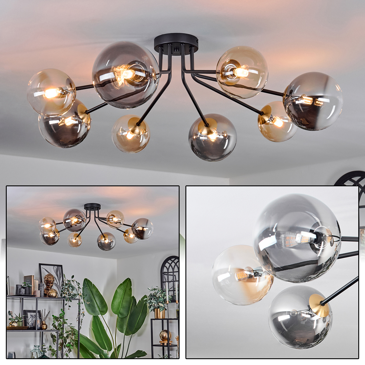 Eine moderne Deckenlampe mit Glaskugeln. Sie hat schwarze Metallarme und einen zentralen Sockel. Die Kugeln sind in verschiedenen Farbtönen gehalten.