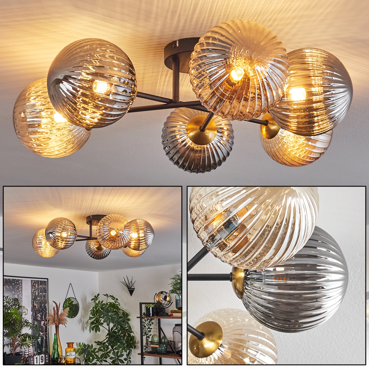 Eine moderne Deckenleuchte mit sechs Glaskugeln. Die Kugeln sind gerippt mit einem Wirbeldesign. Die Leuchte hat einen schwarzen Metallrahmen.