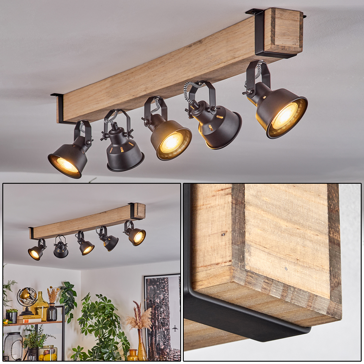 Eine Deckenleuchte mit fünf dunklen Strahlern an einem Holzbalken. Die Lichter sind an, der Balken ist mit schwarzen Halterungen befestigt.