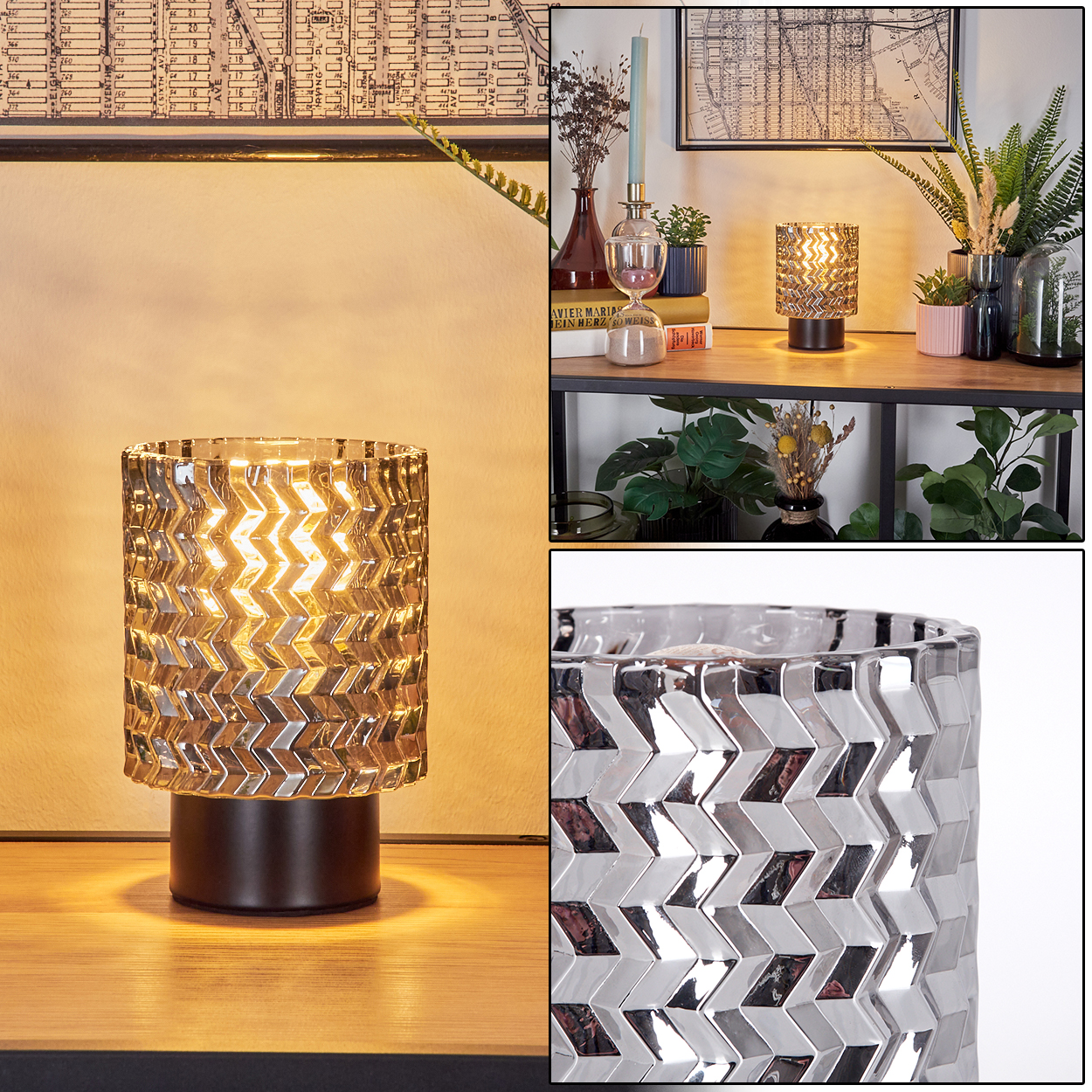 Eine dekorative Lampe mit einem Zickzackmuster-Glasschirm steht auf einer Holzoberfläche. Der Hintergrund zeigt eine Karte und andere Dekorationen.