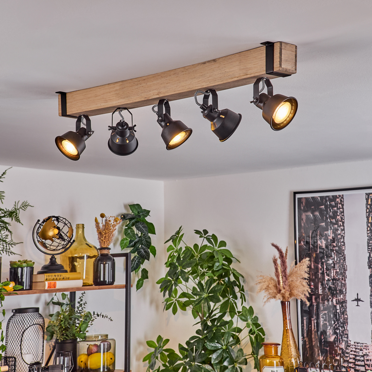 Decke mit Holzbalken, der fünf schwarze Strahler trägt. Regale darunter mit Pflanzen, Globus, Flaschen und einem gerahmten Bild.