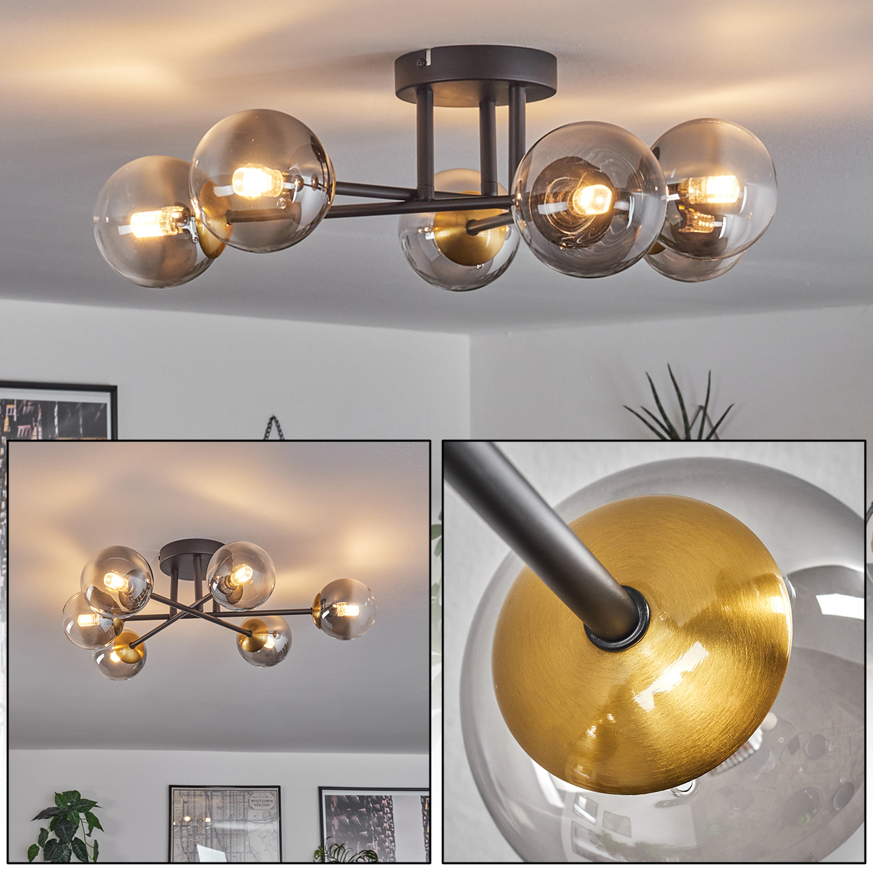 Eine moderne Deckenleuchte mit sechs rauchigen Glaskugeln, jede mit warmem Licht. Die Leuchte hat einen schwarzen Rahmen, goldene Akzente und befindet sich an einer weißen Decke.