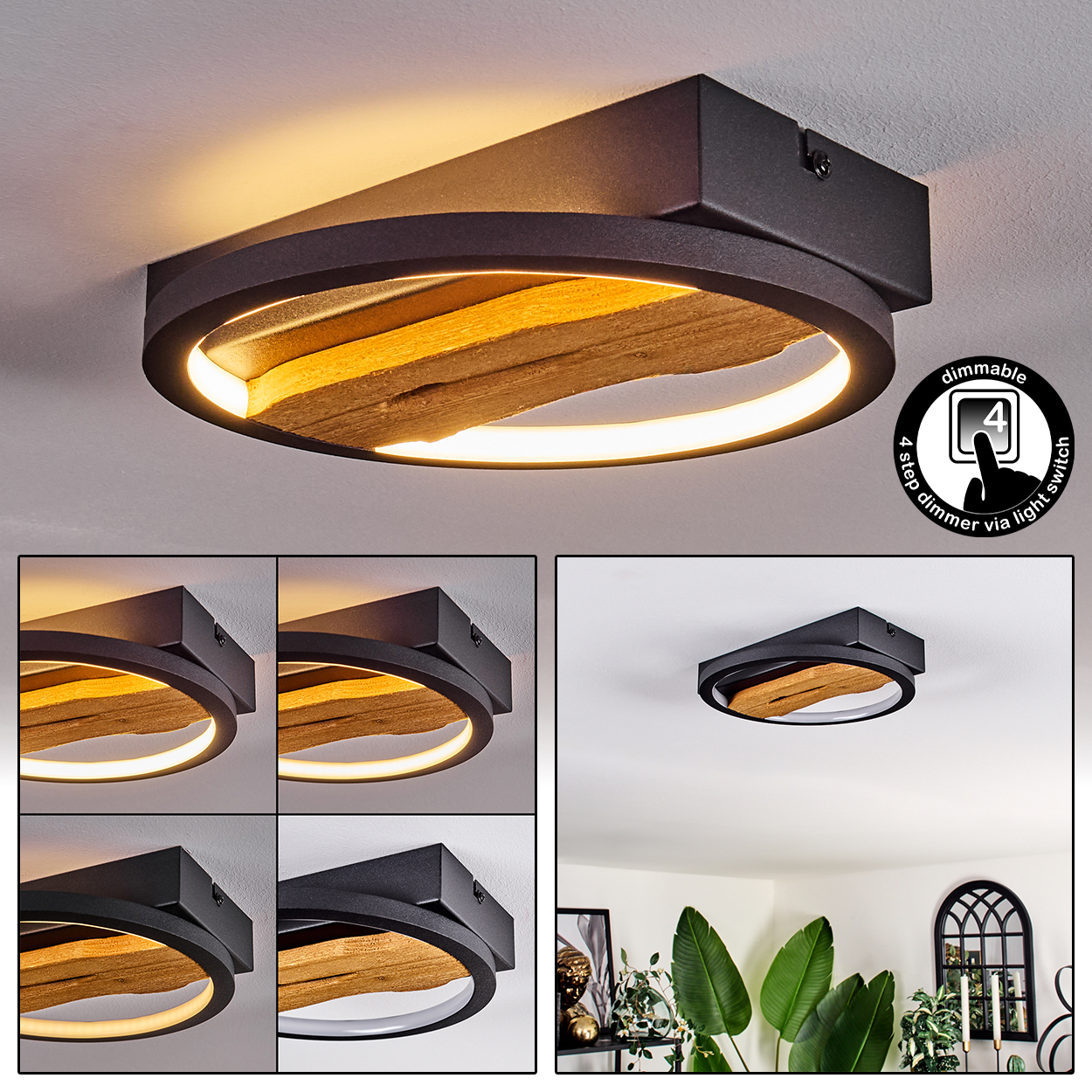 Moderne Deckenleuchte mit Holz- und Schwarzmetalldesign. Enthält eine Dimmerschalterfunktion. Mehrere Beleuchtungsstufen werden angezeigt.
