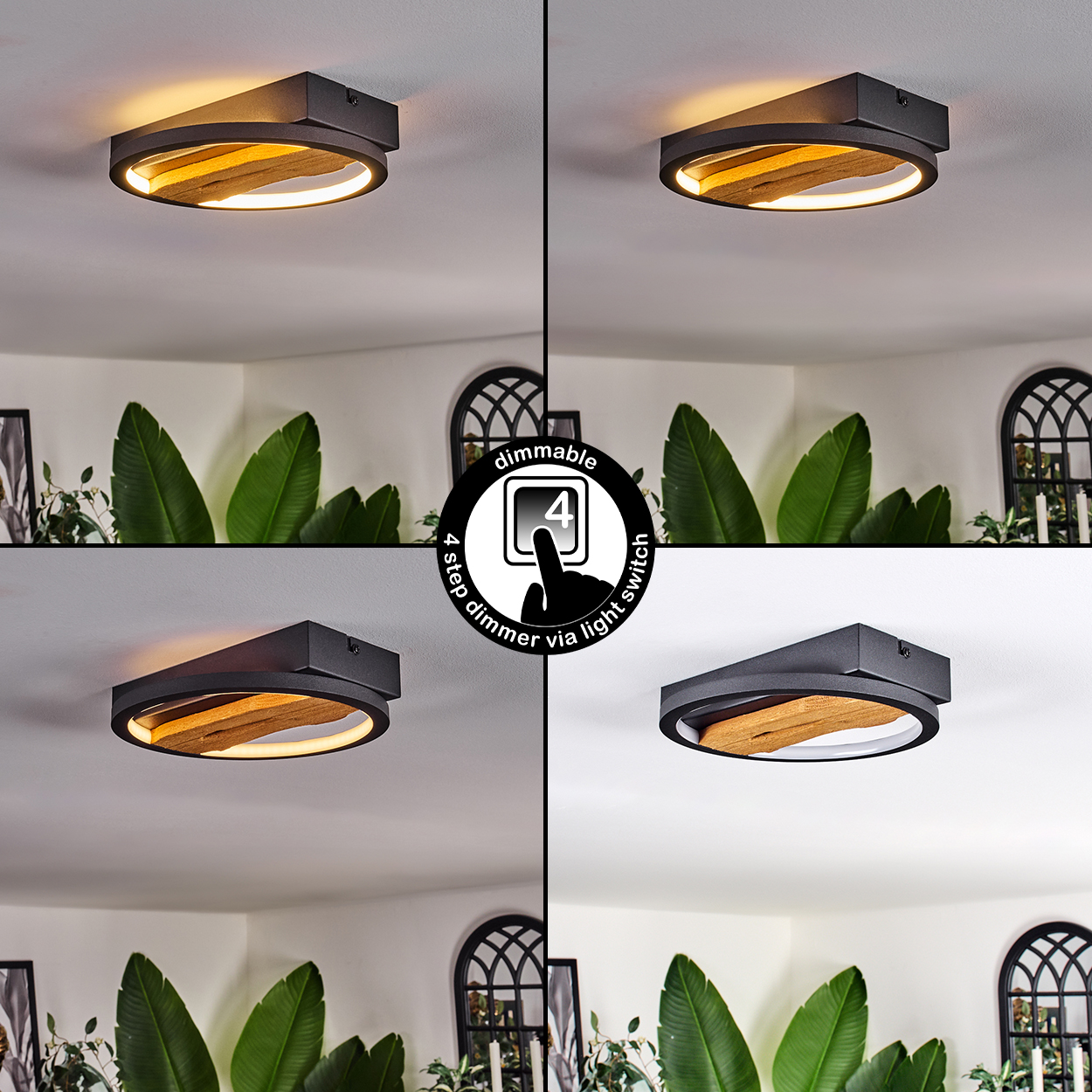 Vier Bilder zeigen eine Deckenlampe mit einstellbarer Helligkeit. Die Lampe ist schwarz mit einem Holzmittelstück. Ein Dimmer-Symbol ist ebenfalls vorhanden.