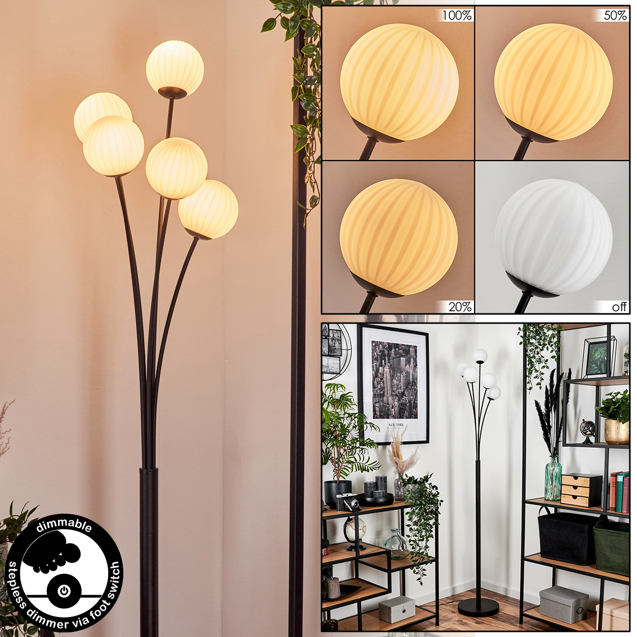 Eine Stehlampe mit sechs Kugelleuchten wird gezeigt. Das Bild enthält auch Nahaufnahmen der Dimmoptionen der Lampe und eine Raumeinstellung.