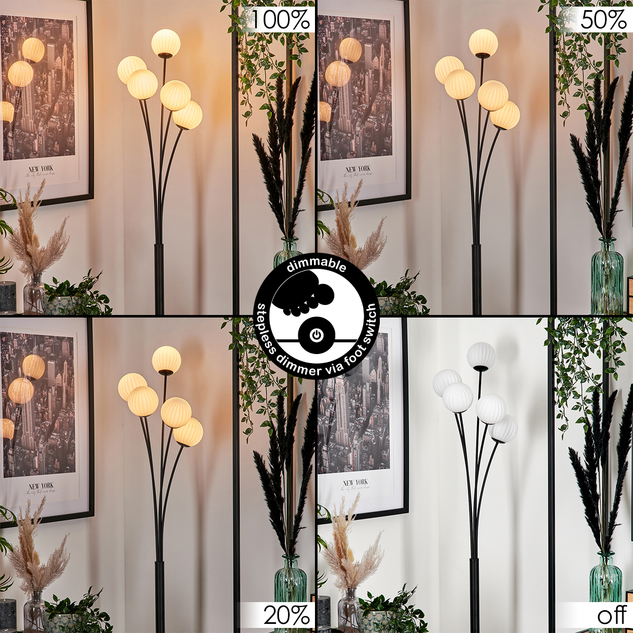 Eine Stehlampe mit Kugelleuchten, ein gerahmtes New York-Bild, Pflanzen und ein Dimmschalter-Symbol. Die Szene hat unterschiedliche Helligkeitsstufen.