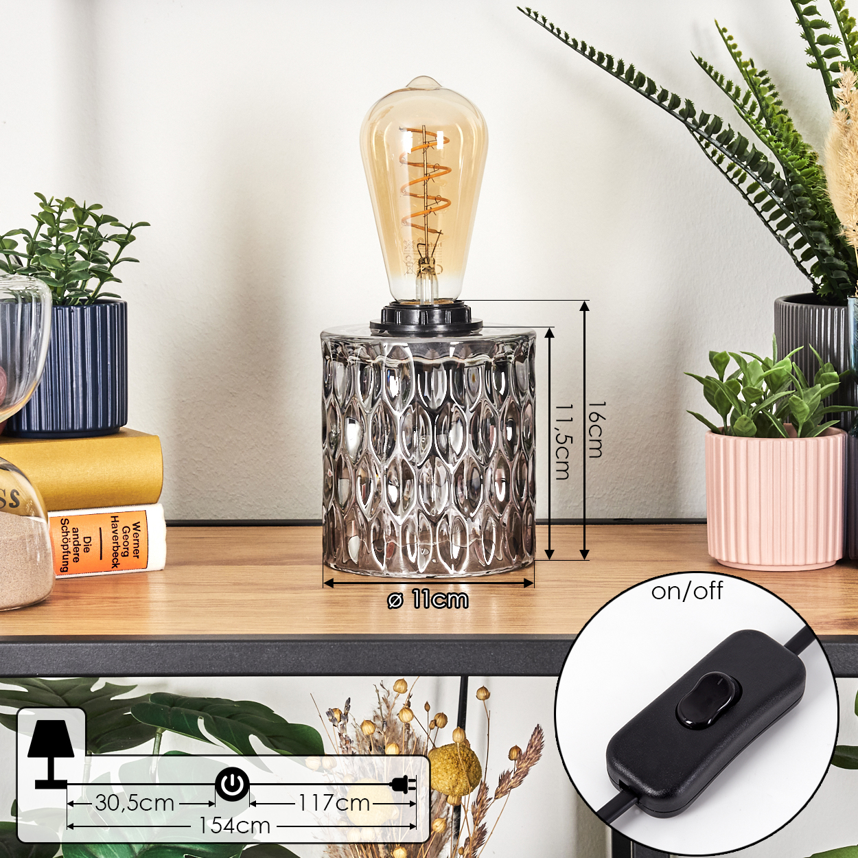 Eine dekorative Lampe mit freiliegender Glühbirne, strukturiertem Sockel und einem schwarzen Ein/Aus-Schalter. Pflanzen und Bücher im Hintergrund.