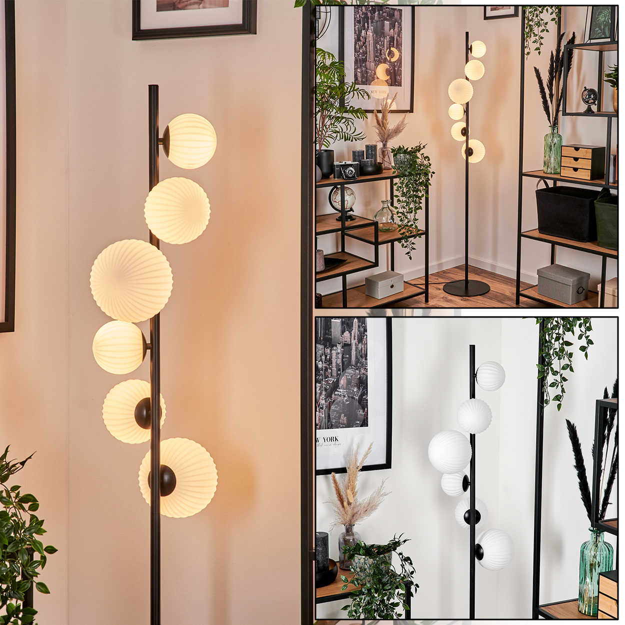 Eine hohe, schwarze Stehlampe mit sechs weißen Kugelleuchten steht in einem Raum mit Regalen, Pflanzen und gerahmten Bildern.