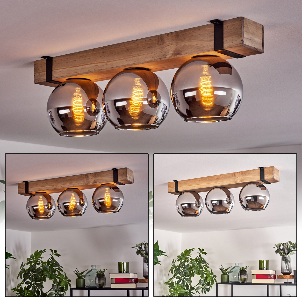 Eine Deckenleuchte aus Holzbalken mit drei kugelförmigen Glasschirmen, jeweils mit einer sichtbaren, warm getönten Glühbirne.