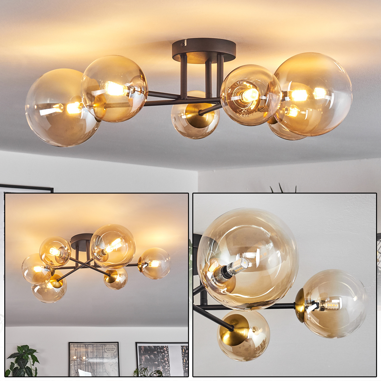Eine moderne Deckenleuchte mit mehreren bernsteinfarbenen Glaskugeln. Die Leuchte hat ein dunkles Metallgestell an einer weißen Decke.