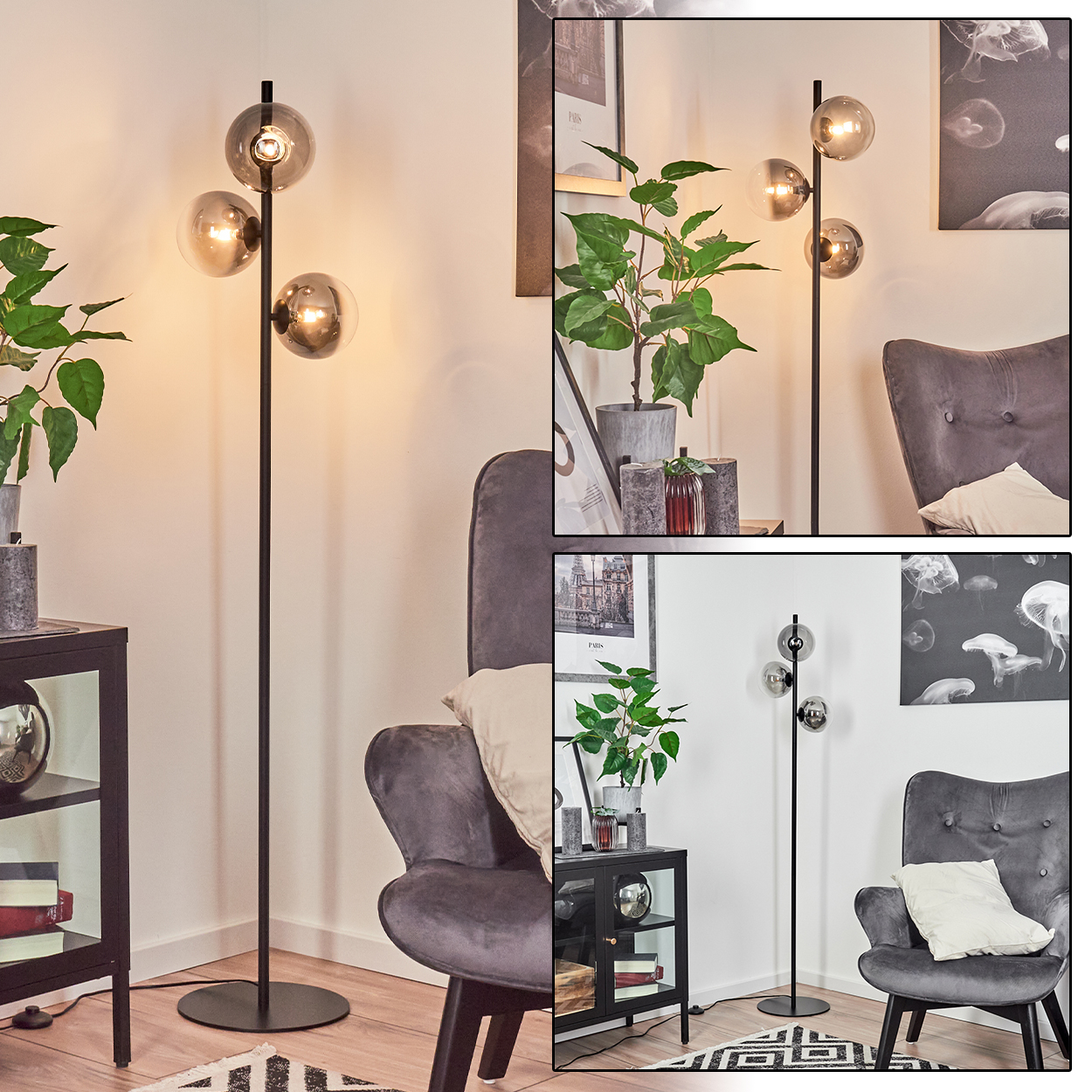 Ein modernes Wohnzimmer mit einer schwarzen Stehlampe mit drei Glaskugeln, einem grauen Sessel und dekorativen Pflanzen.
