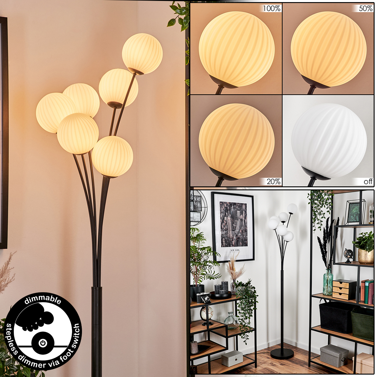 Eine schwarze Stehlampe mit sechs Kugelleuchten. Die Lampe ist über einen Fußschalter dimmbar. Verschiedene Lichteinstellungen sind abgebildet.